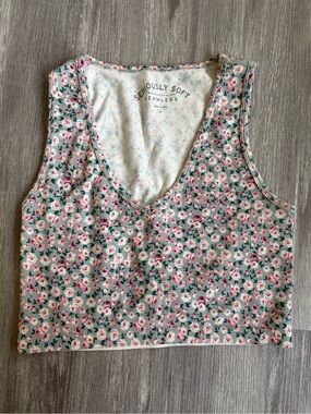 Aeropostale Floral Ribbed V-Neck Crop Top - Green/Pink/White